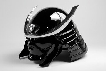 A Black Samurai Helmet Featuring Silver Ornamentation On Display
