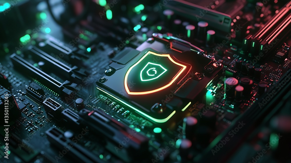 Poster cybersecurity digital shield protection cpu motherboard technology neon green red glowing computer h