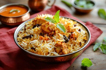 Chicken Biryani served on wooden table with curry
