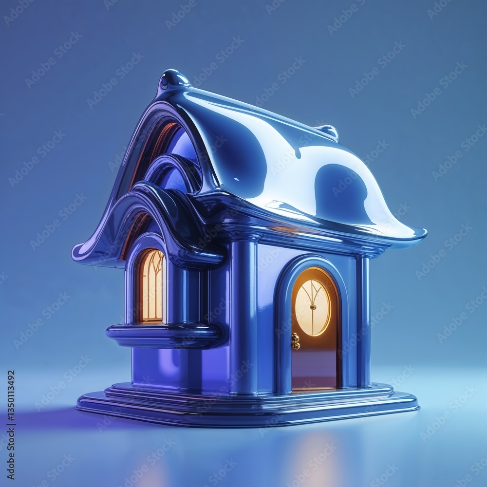 Poster unique glossy blue house model with illuminated windows and clock design in a vibrant light setting