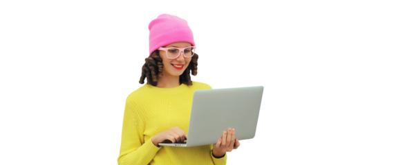 Happy modern young woman working on laptop, freelancer girl looking at computer isolated on white transparent background