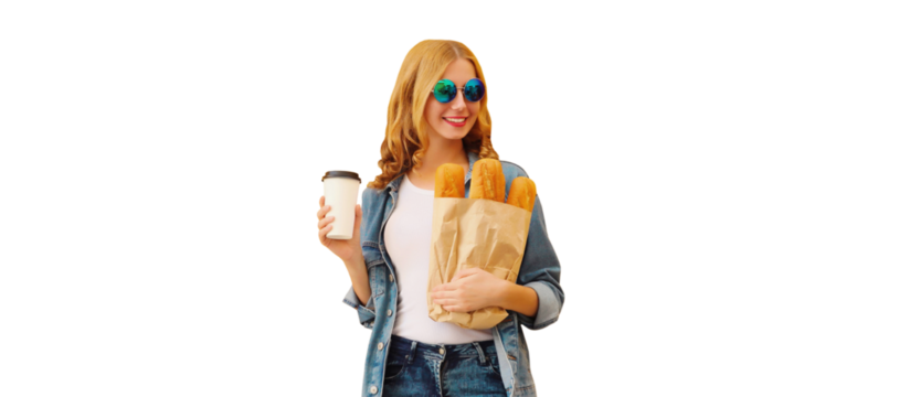 Happy bakery buyer young woman holding grocery shopping paper bag with bread baguette drinks coffee
