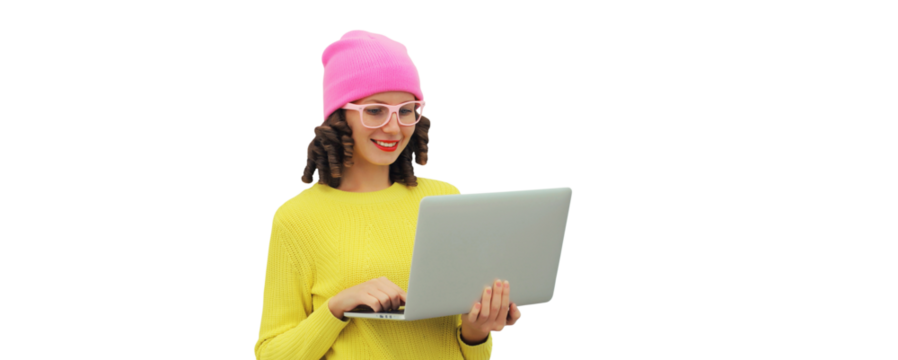 Happy modern young woman working on laptop, freelancer girl looking at computer isolated on white transparent background