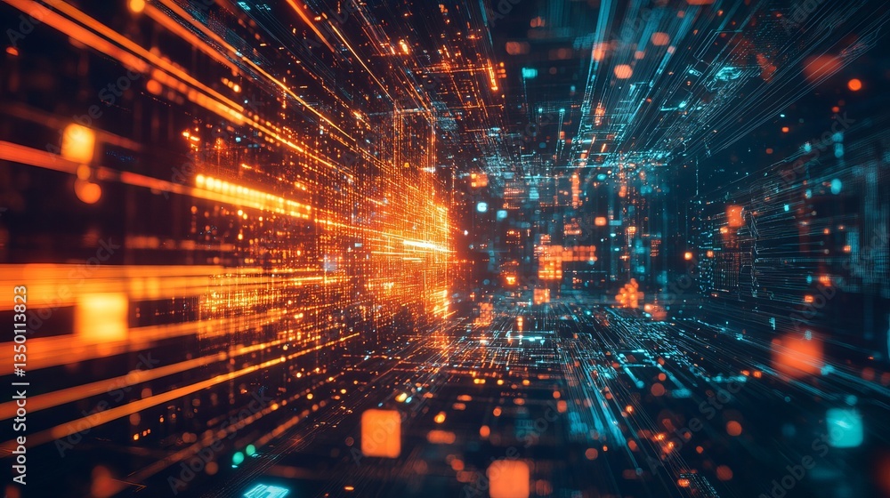 Poster abstract digital data stream orange blue technology background futuristic network lines cyberspace d
