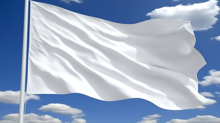 White flag waving against a blue sky with clouds.