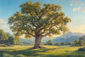 An ancient oak tree stands sentinel, a silent guardian of the sun-drenched valley, its branches reaching towards a serene sky painted with soft light and gentle shadows.
