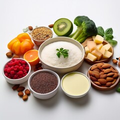 A vibrant selection of blood sugar-friendly foods is beautifully arranged on a clean white background, showcasing fresh, nutrient-rich ingredients perfect for a healthy, balanced lifestyle.