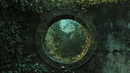 Serene View Through Circular Frame Surrounded by Lush Greenery