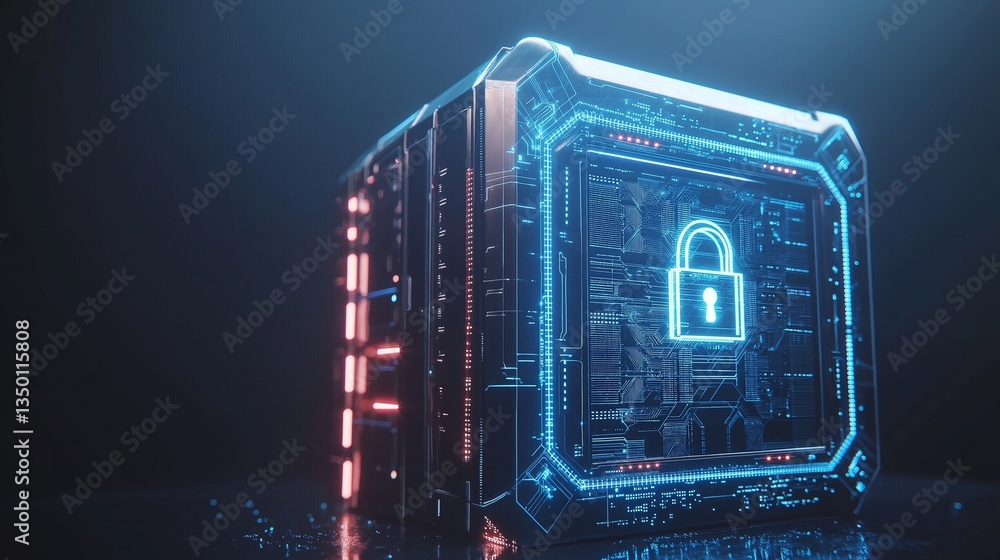 Aufkleber Futuristic cube with glowing lock symbolizing data encryption, digital core protection and cybersecurity in abstract 3D virtual system, Generative AI