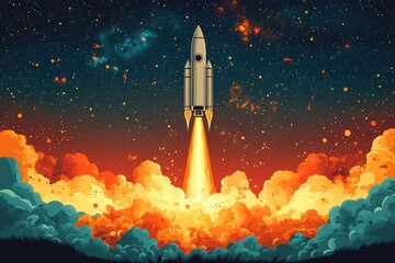 Obraz premium Vivid Illustration of a Rocket Launching Into a Starry Cosmos