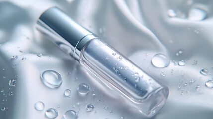 A luxury waterproof mascara bottle lying on soft, white silk with delicate water droplets.