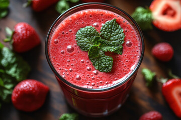 A glass of red juice with a sprig of mint on top