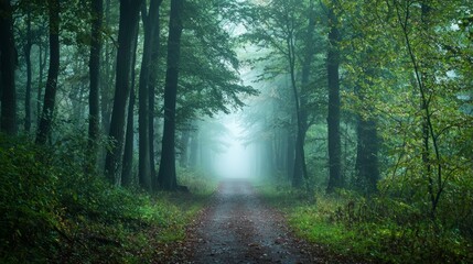 Obraz premium Tranquil Misty Forest Pathway Surrounded by Lush Green Trees