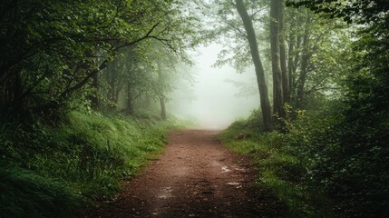 Obraz premium Serene Misty Forest Pathway with Lush Green Vegetation