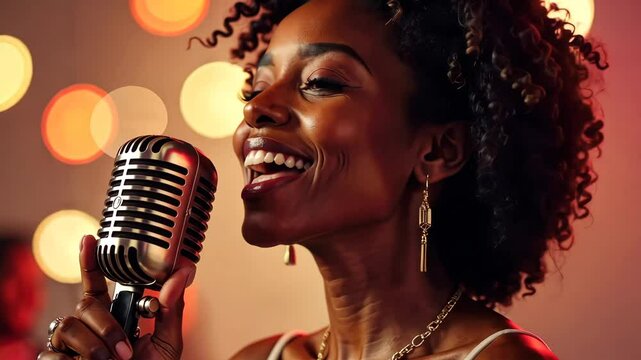 An African American woman with curly hair joyfully sings into a vintage microphone with bokeh lights in the background. Concept of: Soulful performance.