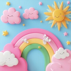 Pastel sky with clouds, sun, and rainbow