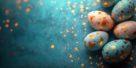 Colorful Decorated Eggs Arranged on a Vibrant Turquoise Surface With Golden Speckles for Festive Celebration