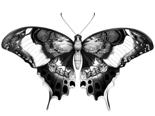 Beautiful butterfly, vector graphics, line art style, black and white coloring page for adults, mandala design on wings, white background.