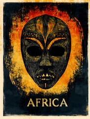 African Tribal Mask Poster. The African mask against a textured background of orange and black. Weathered, vintage poster. Generative AI