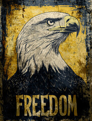 American Eagle and text Freedom. Vintage retro style poster, grunge texture, distressed. Generative AI