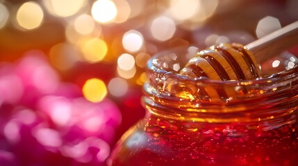 Honey dripping from dipper into jar.