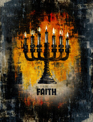 Menorah and text Faith. Watercolor, Vintage retro style poster, grunge texture, distressed. Generative AI