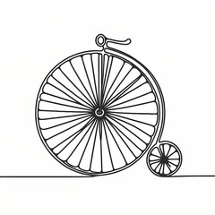 Continuous one-line drawing of a penny-farthing bicycle, smooth abstract curves forming a unique silhouette with oversized front wheel, evoking history, charm, and vintage cycling elegance