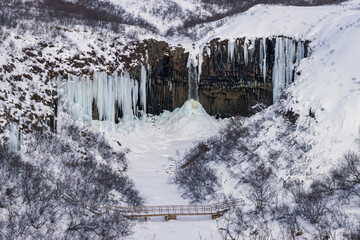 Beautiful view of frozen Svartifoss waterfall in winter in Skaftafell National Park (South Iceland)