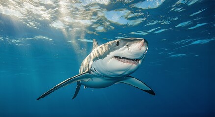 Encounter With a Majestic Great White Shark in Clear Ocean Waters During Midday Exploration