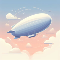 Fototapeta premium Flat vector illustration of a massive Zeppelin floating in the sky, clean minimal shapes with soft gradients conveying elegance, aerial travel, and the grandeur of historic air transportation