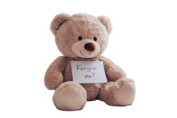 Adorable Beige Teddy Bear with a Handwritten Note isolated on transparent background , cutout