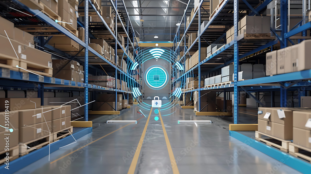 Poster warehouse aisle with rows of shelves stacked with cardboard boxes and glowing digital security and t