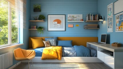 Stylish Teen's Room Design: Blue and Mustard Yellow Decor