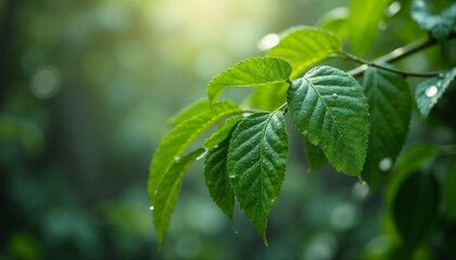 Close-up of fresh green leaves with droplets in soft sunlight background