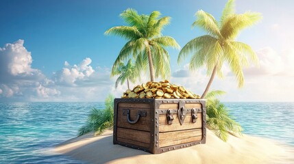 Obraz premium Tropical Treasure: A Chest Full of Gold Coins on a Secluded Island Paradise