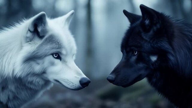 Black and White Wolves Staring into Each Other&rsquo;s Eyes, Symbolizing the Good and Evil Within the Soul