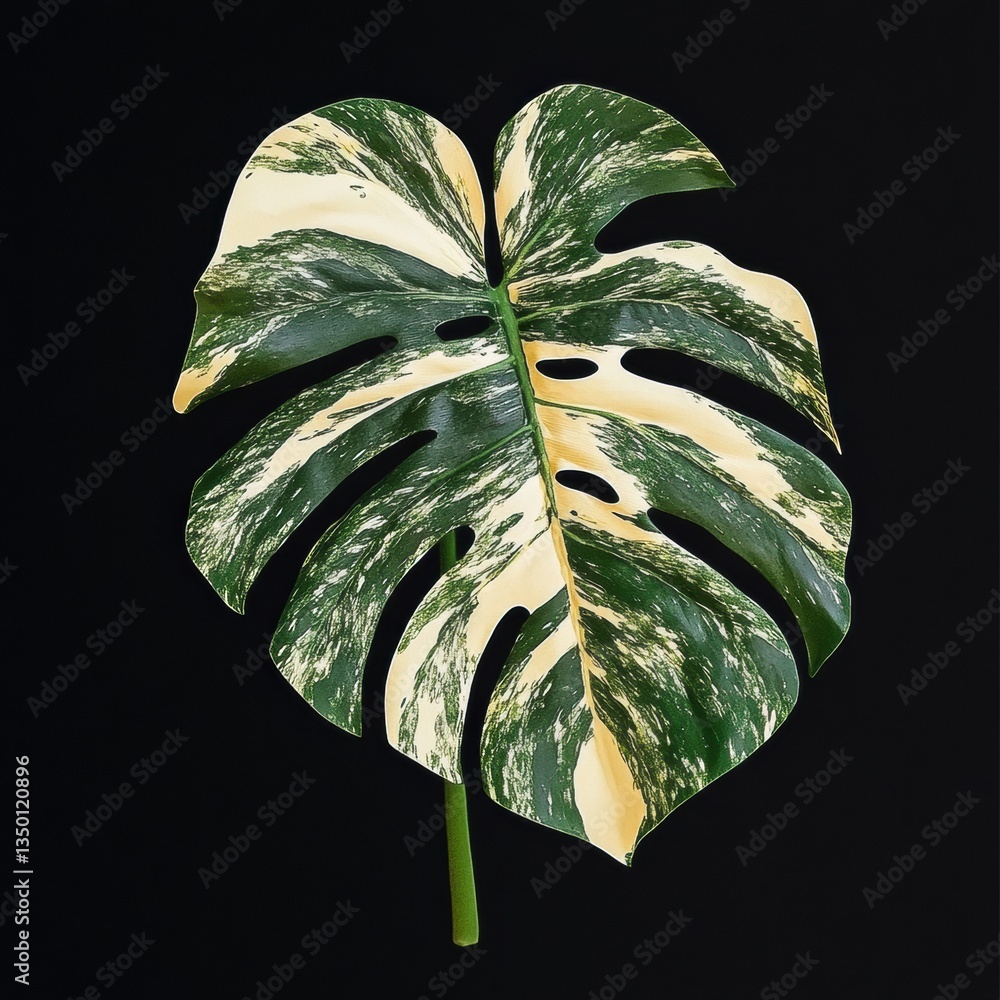 Poster monstera deliciosa leaf with unique variegation against a black background showcasing its distinctiv