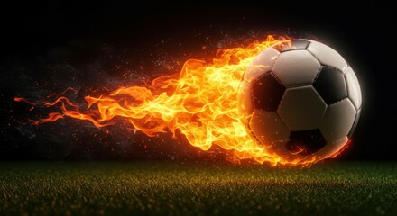 A dramatic action shot of a soccer ball soaring with fiery energy.