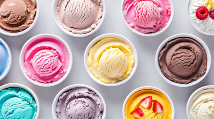 Colorful variety of ice cream flavors displayed in bowls ready for serving at a dessert shop