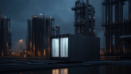 Obraz premium Illuminated container at twilight industrial complex.