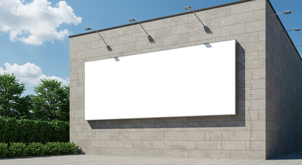 Fototapeta premium Mock up template. Big horizontal white blank signboard, advertising billboard on modern building wall outdoors