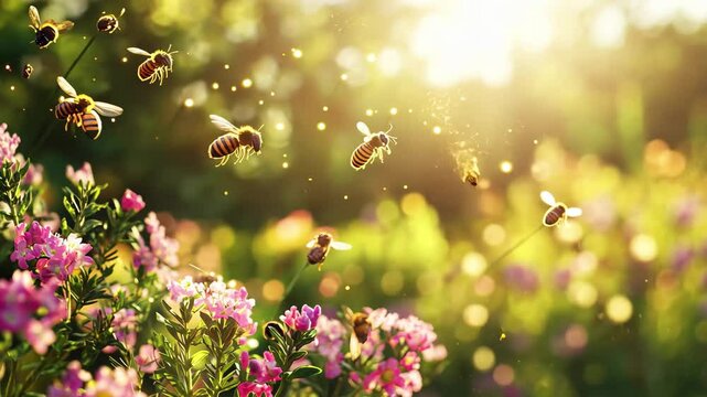 Honeybees swarm around vibrant flowers, creating a lively scene in a sunny garden, Bees, swarm of honeybees flying arround flowers in sunlight