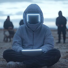 Mysterious figure meditating with a glowing laptop