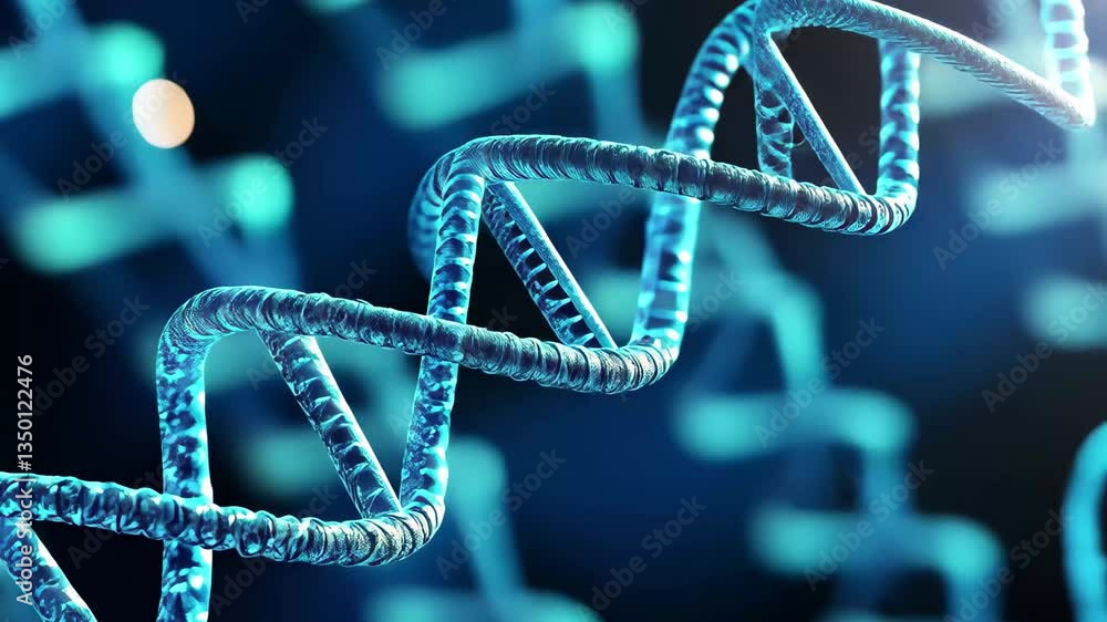 Aufkleber dna strand processed in digital environment on blue backdrop highlighting data analysis, dna strand 