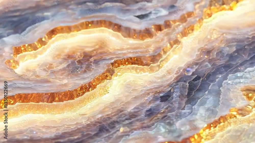 Poster a close-up view of a beautifully layered agate stone with shimmering golden and blue hues, showcasin
