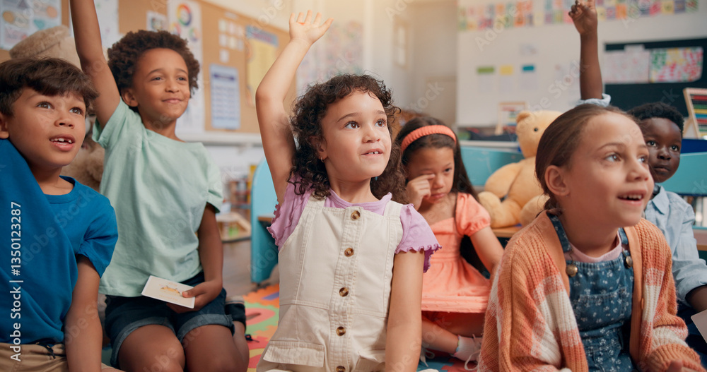 Poster Lesson, kids and hands raised with question in classroom for quiz questions, knowledge or study feedback. Floor, diversity people or students for learning development, solution or creative assessment