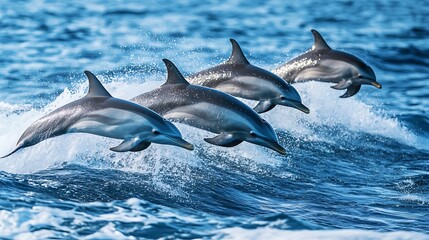A group of playful dolphins leaping through the waves