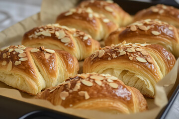 Fresh baked croissants, croissants with soft almond filling 
