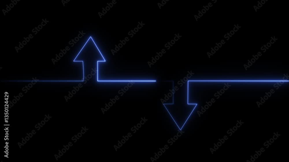 Poster neon line icon and up down arrow isolated on transparent black background. abstract glowing dynamic 