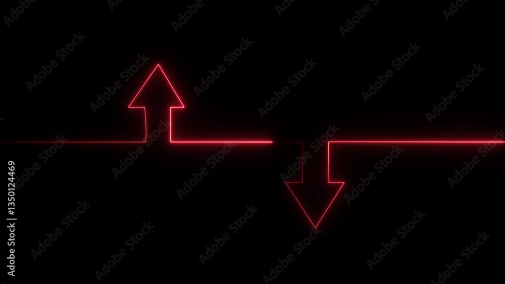 Poster neon line icon and up down arrow isolated on transparent black background. abstract glowing dynamic 